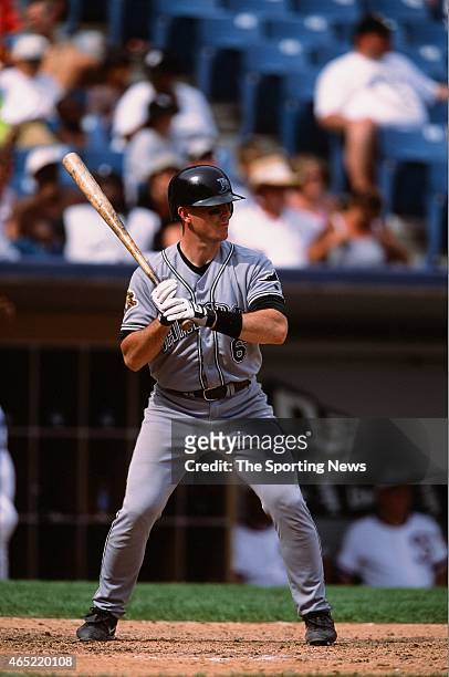 John Flaherty of the Tampa Bay Rays bats against the Chicago White Sox during a game on August 5, 2001.