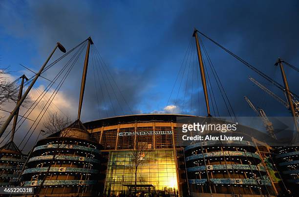 General view of the Etihad Stadium is seen prior to the Barclays Premier League match between Manchester City and Leicester City at Etihad Stadium on...