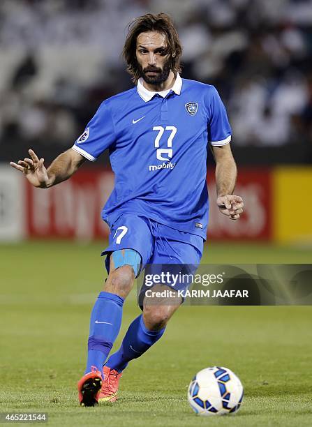 Al-Hilal's Georgios Samaras dribbles the ball during the AFC champions league Group C football match between Qatar's al-Sadd versus Saudi Arabia's...