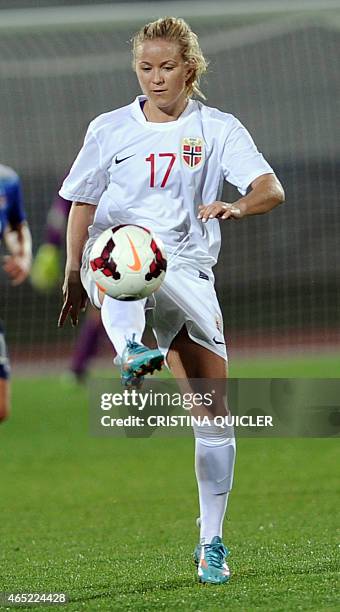 Norway's midfielder Lene Mykjaland controls the ball during the Algarve Cup football match Norway vs USA at the Estadio Municipal in Vila Real de...