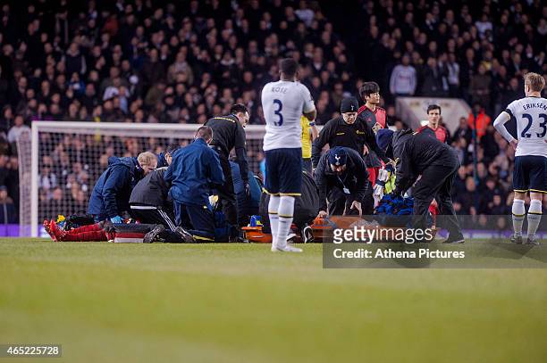 Bafetimbi Gomis of Swansea City is treated by club medical staff after collapsing during the Premier League match between Tottenham Hotspur and...