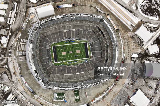 Aerial view of MetLife Stadium as crews prepare the venue for Super Bowl XLVIII January 26, 2014 in East Rutherford, New Jersey. Work crews continue...
