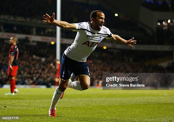 Andros Townsend of Spurs celebrates as he scores their third goal during the Barclays Premier League match between Tottenham Hotspur and Swansea City...