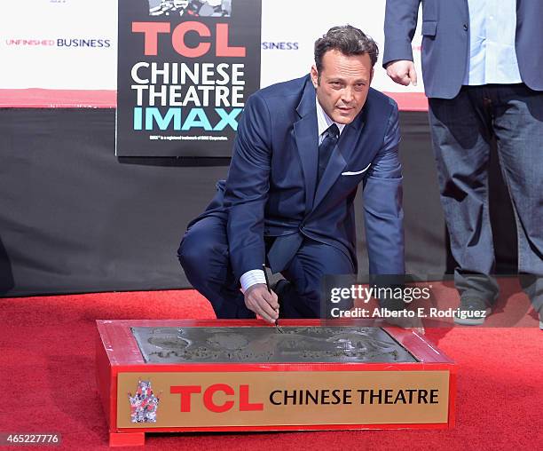 Actor Vince Vaughn attends the 280th hand and footprint ceremony immortalizing Vince Vaughn at The TCL Chinese Theatre IMAX on March 4, 2015 in...