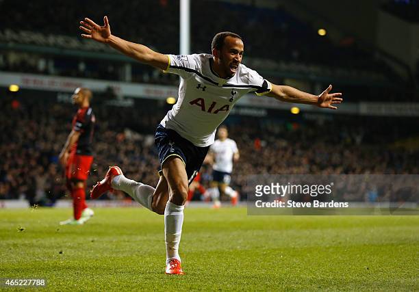 Andros Townsend of Spurs celebrates as he scores their third goal during the Barclays Premier League match between Tottenham Hotspur and Swansea City...