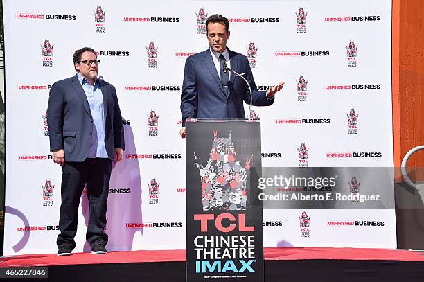 Director/actor Jon Favreau and actor Vince Vaughn attend the 280th hand and footprint ceremony immortalizing Vince Vaughn at The TCL Chinese Theatre...