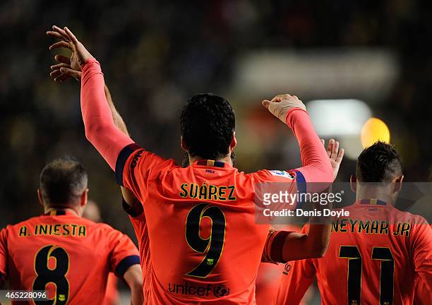 Luis Suarez Daz of FC Barcelona celebrates after scoring his team's 2nd goal during the Copa del Rey Semi-Final, Second Leg match between Villarreal...