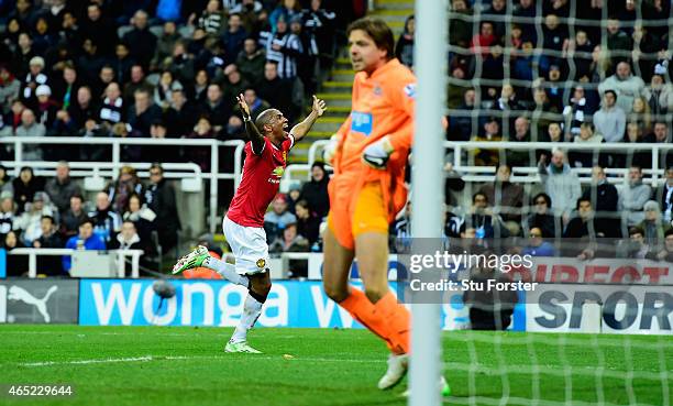 Newcastle goalkeeper Tim Krul reacts as Ashley Young celebrates after scoring the opening goal during the Barclays Premier League match between...