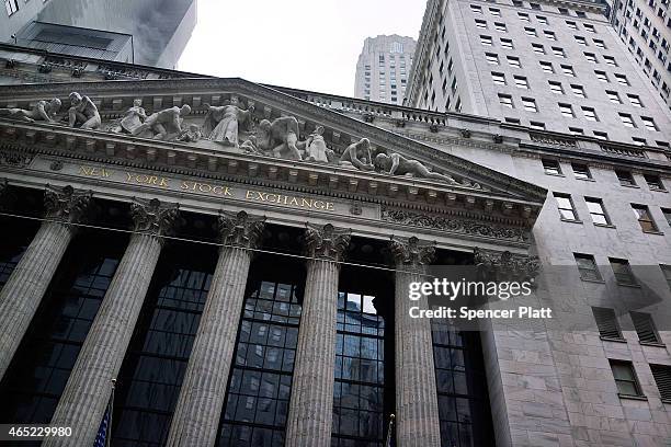 The New York Stock Exchange is viewed before the Closing Bell on March 4, 2015 in New York City. The Dow Jones industrial avergae was down over 100...