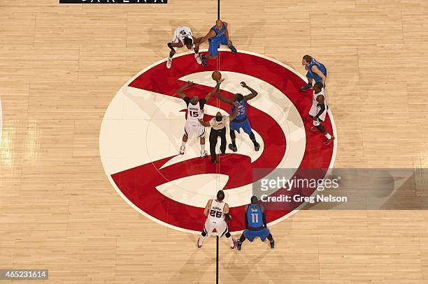 Aerial view of Dallas Mavericks Bernard James in action, tipoff vs Atlanta Hawks Al Horford at Philips Arena. Atlanta, GA 2/25/2015 CREDIT: Greg...