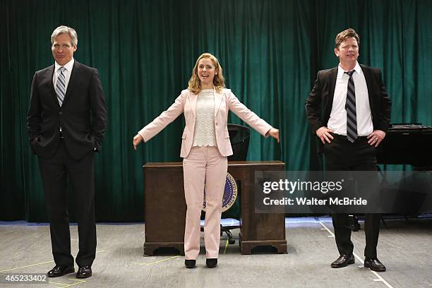 Tom Galantich, Kerry Butler and Duke Lafoon perform during the "Clinton The Musical" Sneak Peek at Ripley Grier Studios on March 4, 2015 in New York...