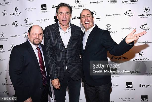 Actors Jason Alexander, Michael Richards and host Jerry Seinfeld attend the Inaugural Los Angeles Fatherhood Lunch to Benefit Baby Buggy hosted by...