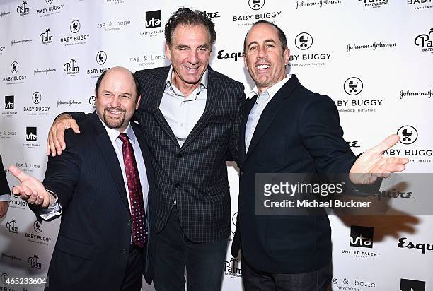 Actors Jason Alexander, Michael Richards and host Jerry Seinfeld attend the Inaugural Los Angeles Fatherhood Lunch to Benefit Baby Buggy hosted by...