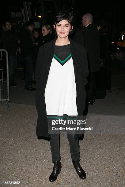 Actress Audrey Tautou arrives at the H&M fashion show during Paris Fashion Week Fall Winter 2015/2016 on March 4, 2015 in Paris, France.