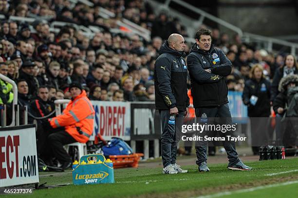 Newcastle Head Coach John Carver stands on the sideline with First Team Coach Steve Stone during the Barclays Premier League Match between Newcastle...