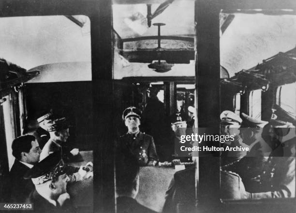 Delegations from the French Third Republic and Nazi Germany sign an armistice ending the Battle of France in the Forest of Compiegne, France, 22nd...