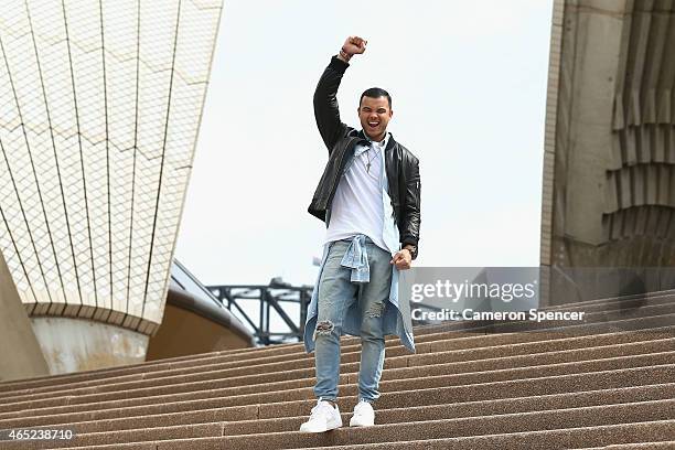 Guy Sebastian poses after being announced as the Australian representative in the 2015 Eurovision Song Contest at the Sydney Opera House on March 5,...