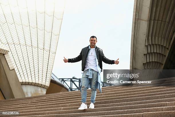 Guy Sebastian poses after being announced as the Australian representative in the 2015 Eurovision Song Contest at the Sydney Opera House on March 5,...