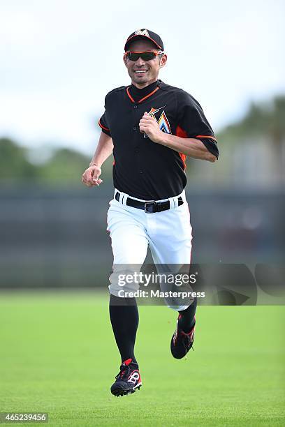 Ichiro Suzuki of the Miami Marlins runs during the spring training at Roger Dean Stadium on March 3, 2015 in Juliter, Florida.