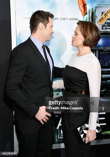 Hugh Jackman and Sigourney Weaver attend the "Chappie" New York Premiere at AMC Lincoln Square Theater on March 4, 2015 in New York City.