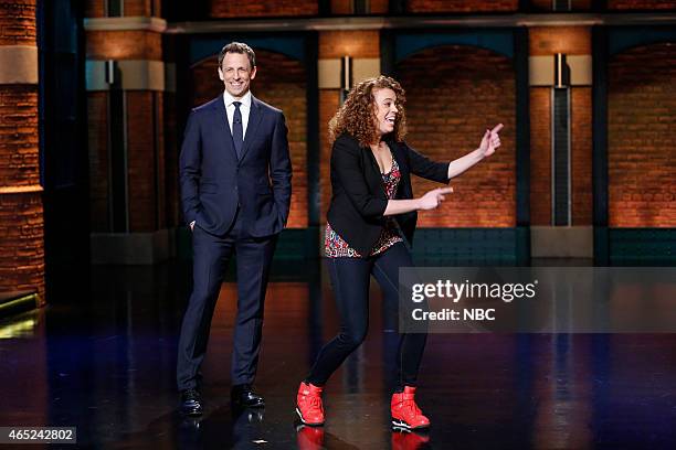 Episode 174 -- Pictured: Host Seth Meyers, writer Michelle Wolf on March 4, 2015 --