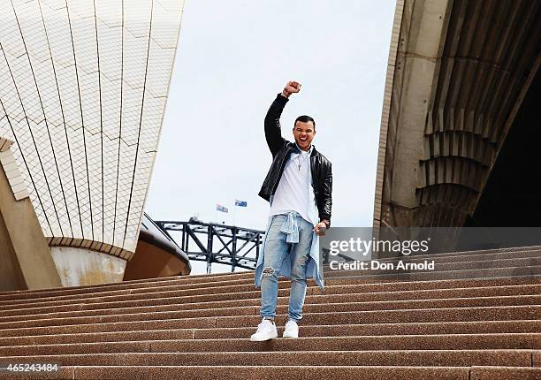 Guy Sebastian, Australia's entrant for the 2015 Eurovision Song Contest, poses at the Eurovision Song Contest Announcement event at Sydney Opera...