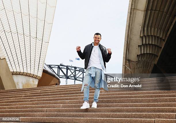 Guy Sebastian, Australia's entrant for the 2015 Eurovision Song Contest, poses at the Eurovision Song Contest Announcement event at Sydney Opera...