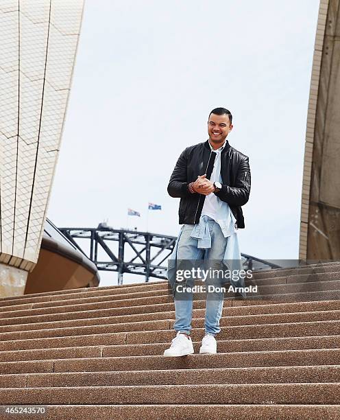 Guy Sebastian, Australia's entrant for the 2015 Eurovision Song Contest, poses at the Eurovision Song Contest Announcement event at Sydney Opera...