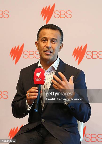 Michael Ebeid discusses Guy Sebastian being selected to represent Australia in the Eurovision Song Content at the Sydney Opera House on March 5, 2015...