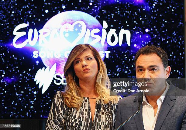 Julia Zemiro and Sam Pang address the media at the Eurovision Song Contest Announcement event at Sydney Opera House on March 5, 2015 in Sydney,...