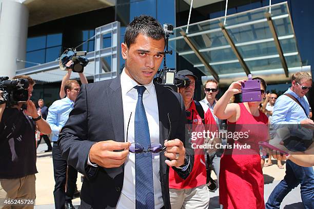 Karmichael Hunt leaves Southport Magistrates Court after being fined $2500 after pleading guilty to four charges of cocaine possession on March 5,...