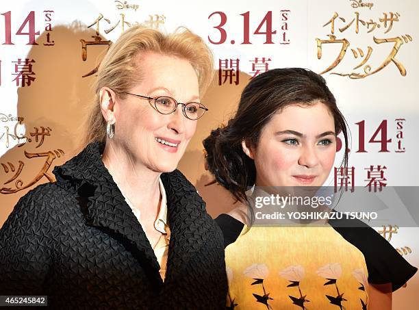 Actress Meryl Streep and Lilla Crawford pose for photos prior to a press conference for their latest movie "Into the Woods" in Tokyo on March 5,...