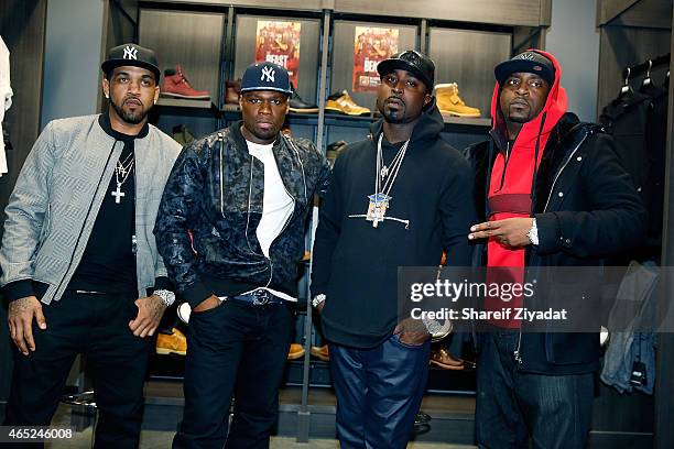 Llyod Banks, Curtis "50 Cent" Jackson, Young Buck and Tony Yayo of G-Unit attend the G-Unit Fan Meet and Greet at Bred Shop on March 4, 2015 in New...
