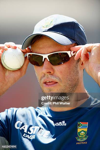 De Villiers during a South Africa nets session at Eden Park on March 5, 2015 in Auckland, New Zealand.