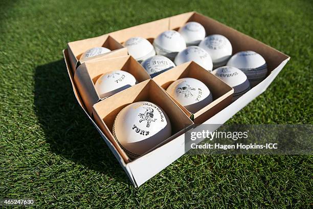 Box of Kookaburra balls lie on the ground during the 2015 ICC Cricket World Cup match between Bangladesh and Scotland at Saxton Field on March 5,...