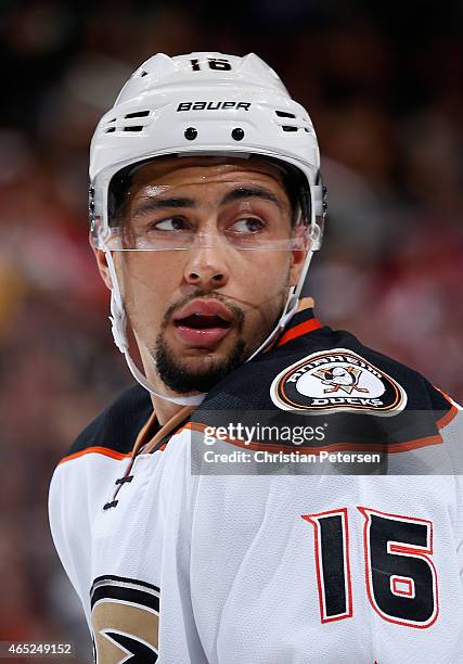 Emerson Etem of the Anaheim Ducks during the NHL game against the Arizona Coyotes at Gila River Arena on March 3, 2015 in Glendale, Arizona. The...