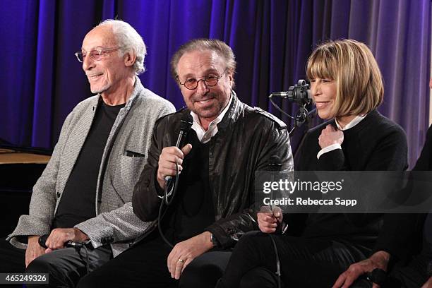 Singer/sonwriter Jeff Barry, songwriter Barry Mann and songwriter Cynthia Weil speak onstage at Steve Tyrell Celebrates "That Lovin' Feeling" With...