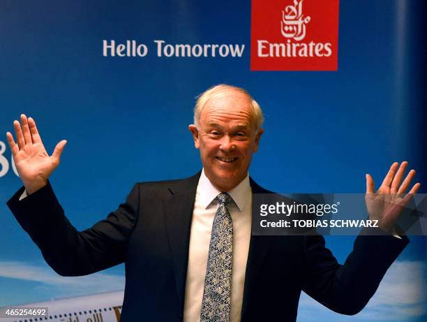 Tim Clark, CEO of the United Arab Emirates' flag carrier Emirates Airlines, poses for photographers before a news conference in Berlin March 5, 2015....