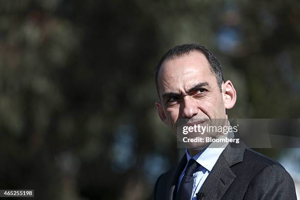 Harris Georgiades, Cyprus' finance minister, pauses during a Bloomberg Television interview in Nicosia, Cyprus, on Thursday, March 5, 2015. European...