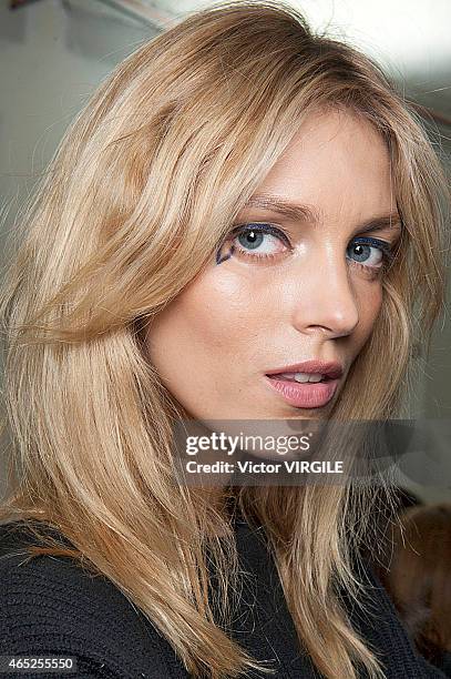 Anja Rubik backstage during the Anthony Vaccarello show as part of the Paris Fashion Week Womenswear Fall/Winter 2015/2016 on March 3, 2015 in Paris,...