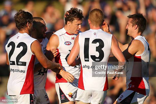 Aaron Vandenberg of the Demons celebrates a goal during the NAB Challenge match between the Fremantle Dockers and the Melbourne Demons at Fremantle...