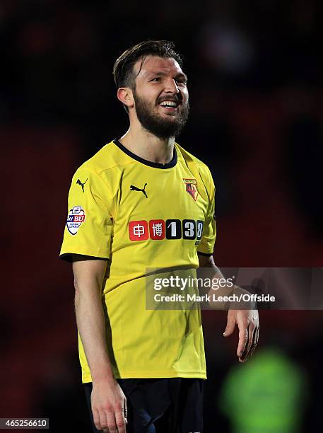 Marco Motta of Watford during the Sky Bet Championship match between Watford and Fulham at Vicarage Road on March 3, 2015 in Watford, United Kingdom.