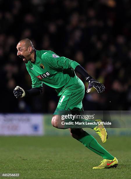 Watford Goalkeeper Heurelho Gomes celebrates the winning goal scored by Troy Deeney during the Sky Bet Championship match between Watford and Fulham...