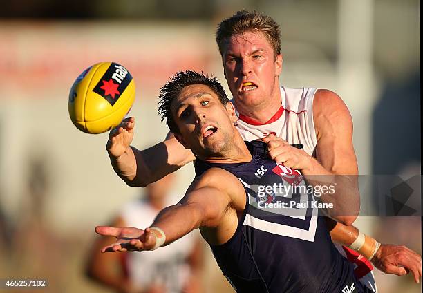 Matthew Pavlich of the Dockers juggles a mark during the NAB Challenge match between the Fremantle Dockers and the Melbourne Demons at Fremantle Oval...