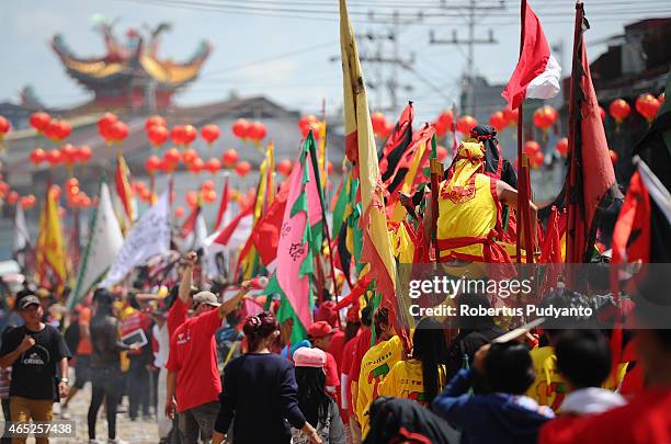 Revelers gather for Tatung festival during Cap Go Meh celebrations on March 5, 2015 in Singkawang, Kalimantan, Indonesia. The ancient art of Tatung,...