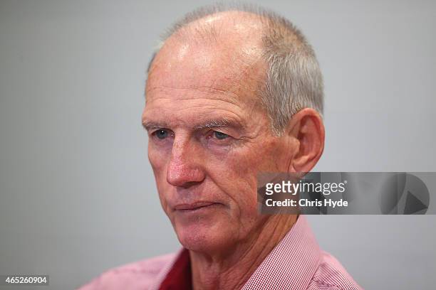 Broncos coach Wayne Bennett speaks to media after losing the round one NRL match between the Brisbane Broncos and the South Sydney Rabbitohs at...