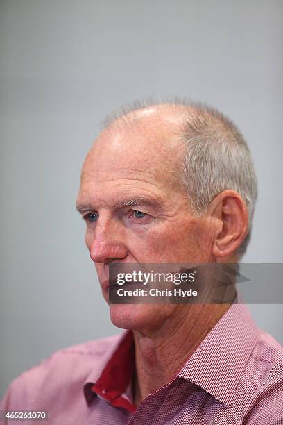 Broncos coach Wayne Bennett speaks to media after losing the round one NRL match between the Brisbane Broncos and the South Sydney Rabbitohs at...