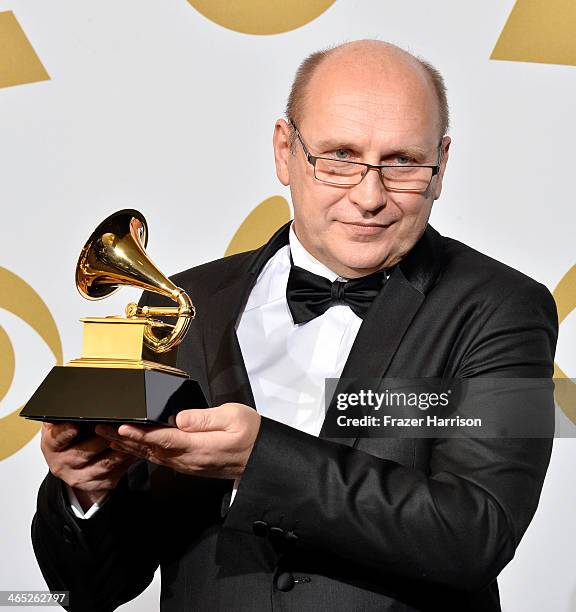 Composer Wlodek Pawlik, winner of Best Large Jazz Ensemble Album for "Night In Calisia" poses in the press room during the 56th GRAMMY Awards at...