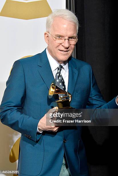 Songwriter Steve Martin, winners of Best American Roots Song for "Love Has Come For You" poses in the press room during the 56th GRAMMY Awards at...