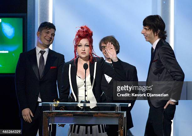 Singer/songwriter Cyndi Lauper accepts the Best Musical Theater Album award for 'Kinky Boots' onstage during the 56th GRAMMY Awards Pre-Telecast Show...
